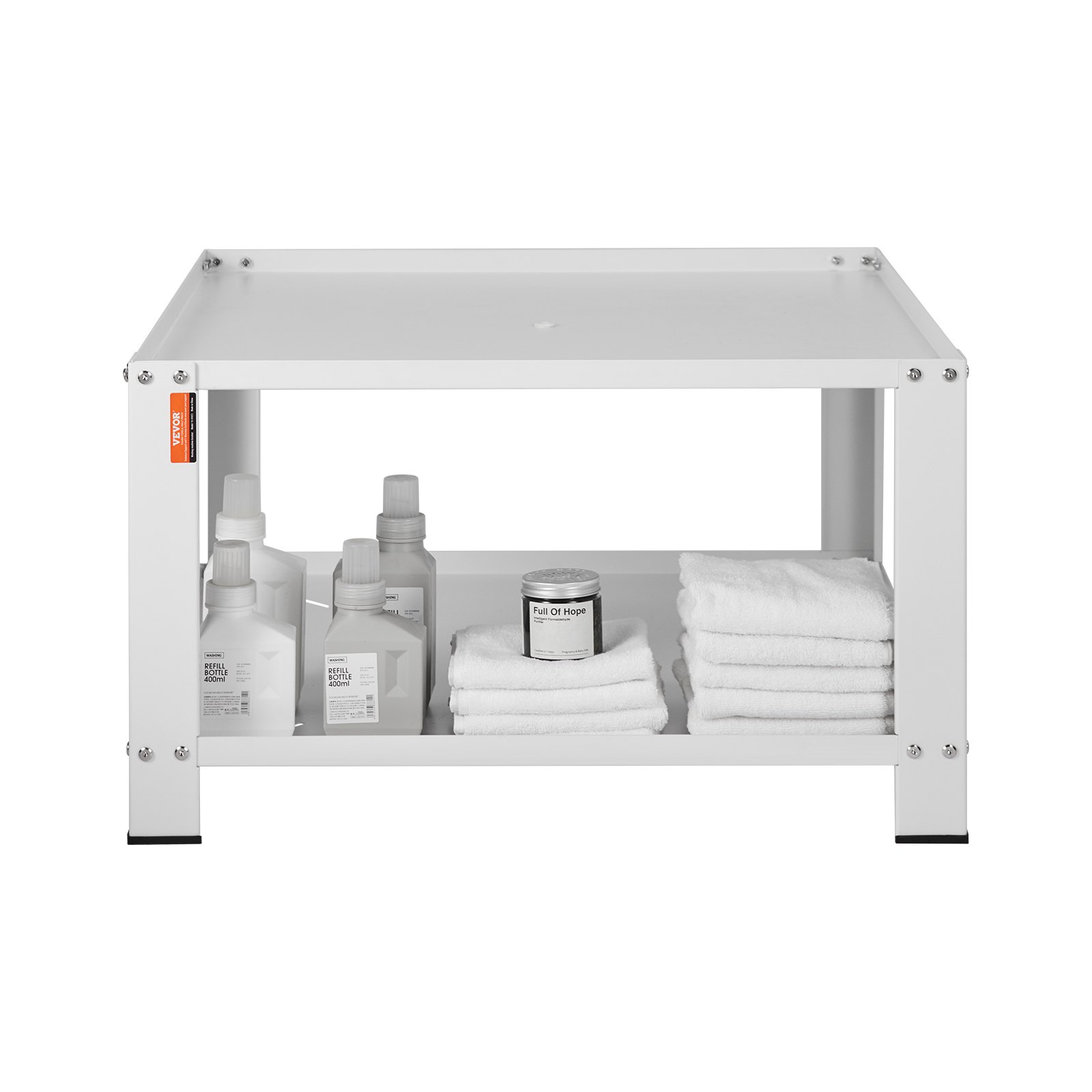 VEVOR laundry pedestal with storage shelf holding detergent bottles, towels, and a small container.