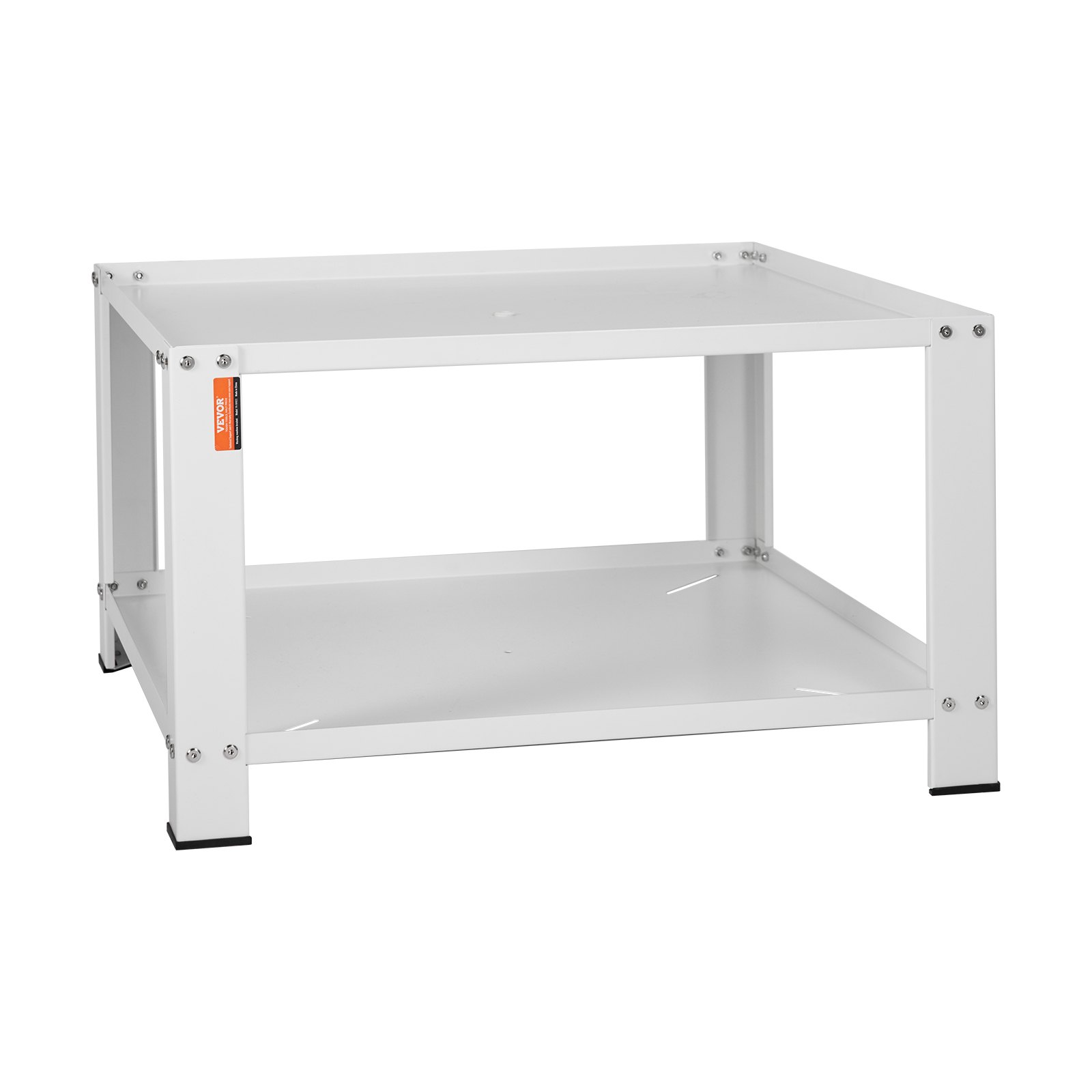 VEVOR laundry pedestal - white, sturdy, elevated stand with a flat top and bottom shelf for appliances.