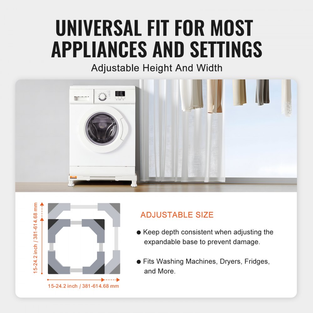 VEVOR Mini Fridge Stand Universal Laundry Pedestal, Adjustable with 4 Strong Feet, Washing Machine Base Multi-Functional for Washer And Dryer, 381-615mm Wide Expandable