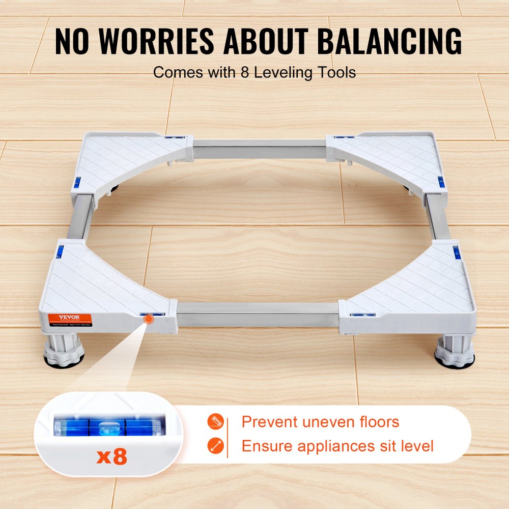 VEVOR mini fridge stand with 8 leveling tools on wooden floor to prevent uneven floors and ensure stability.