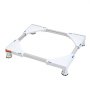 adjustable silver and white VEVOR mini fridge stand with four sturdy legs and corner supports.