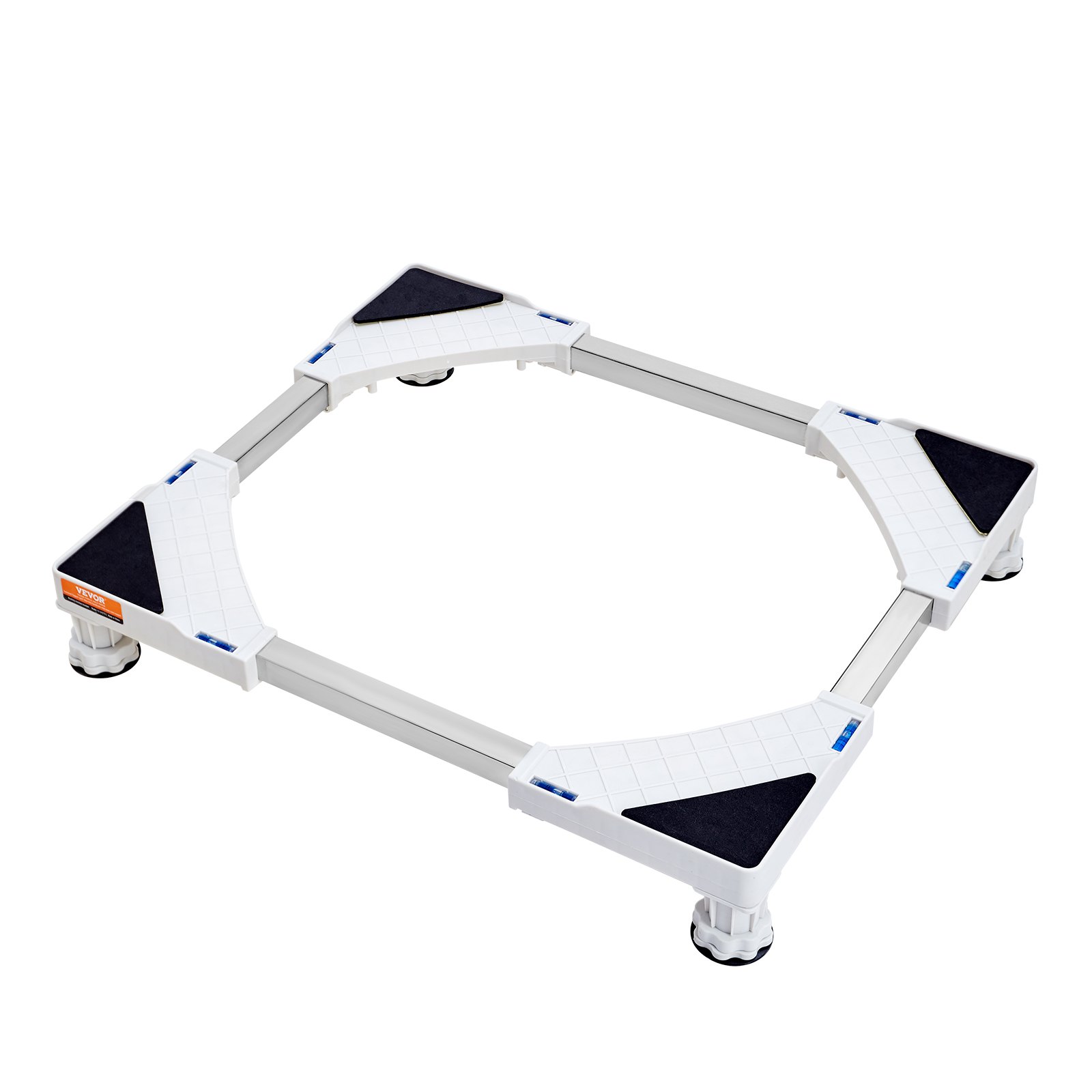 adjustable VEVOR mini fridge stand with corner pads and sturdy white frame.