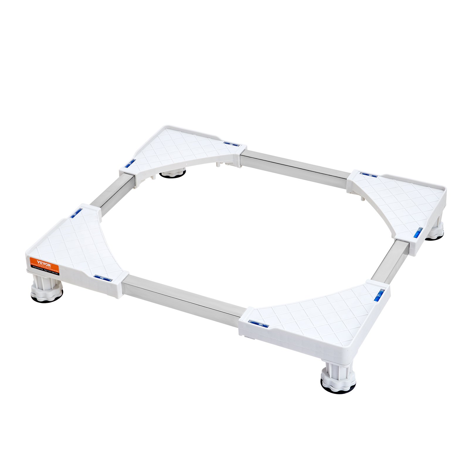 adjustable silver and white VEVOR mini fridge stand with four sturdy legs and corner supports.