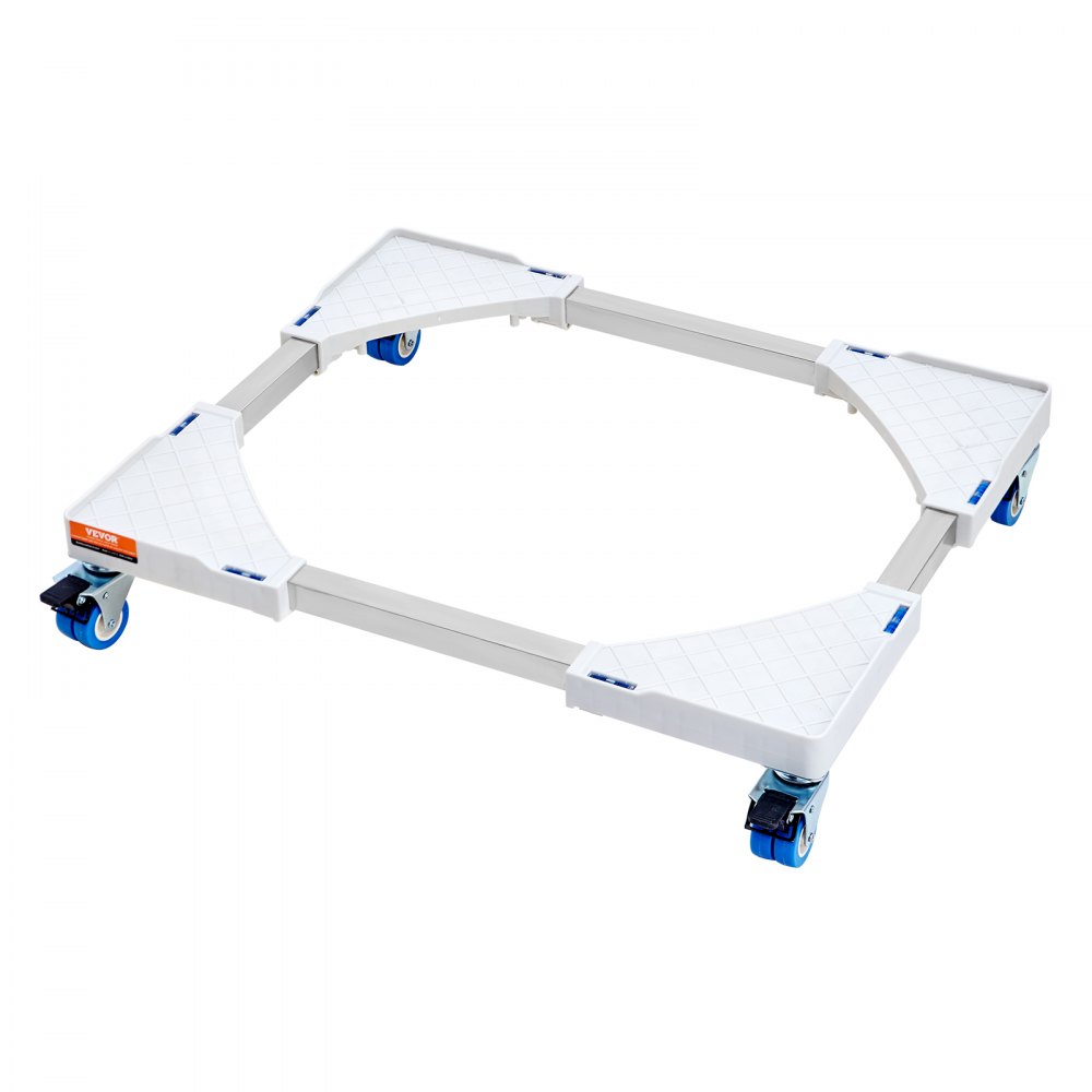 VEVOR mini fridge stand with adjustable white platform and blue caster wheels.