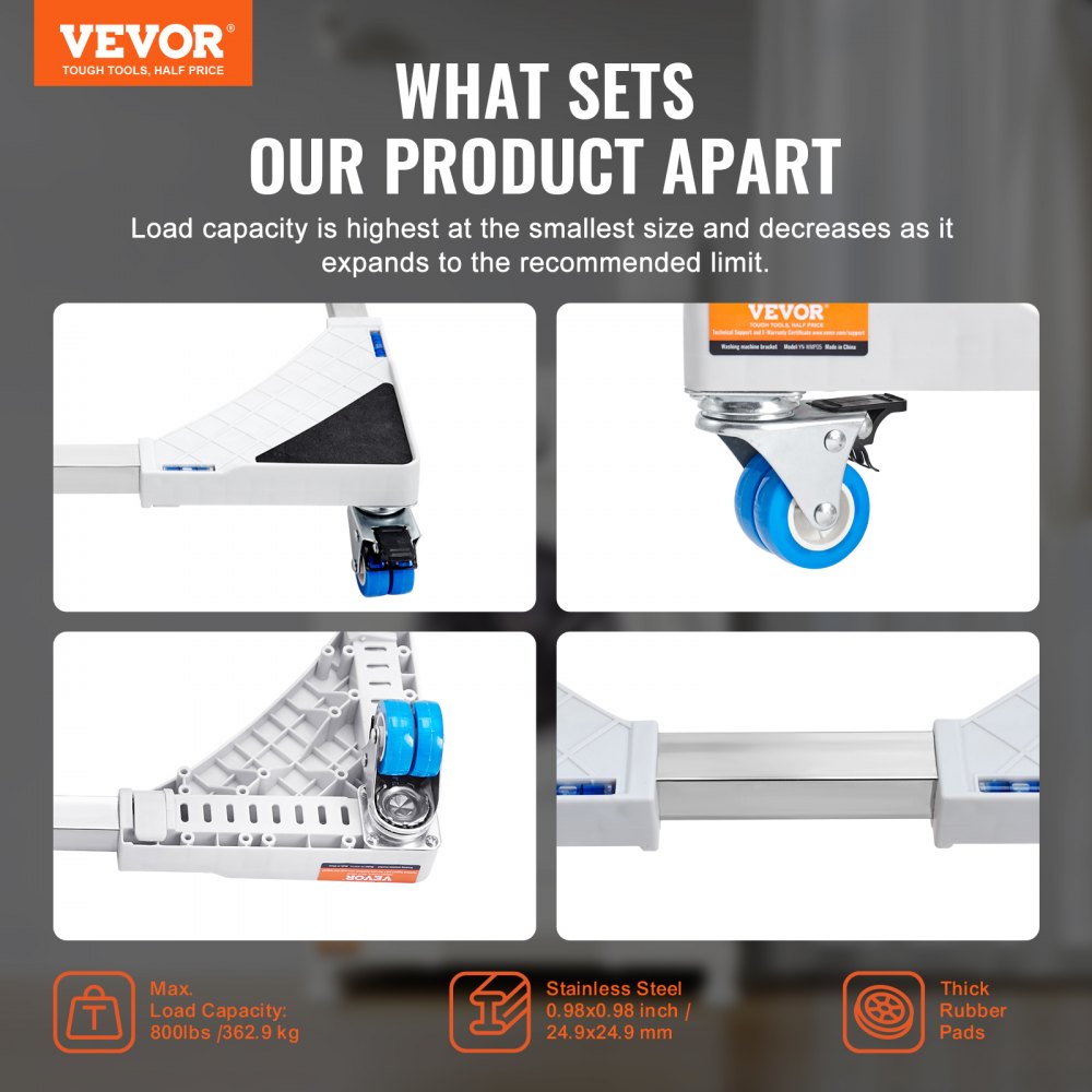 VEVOR Mini Fridge Stand Universal Laundry Pedestal, Adjustable Refrigerator Stand with Smooth Casters, Washing Machine Pedestal Multi-Functional Base for Washer And Dryer, 381-615mm Wide Expandable