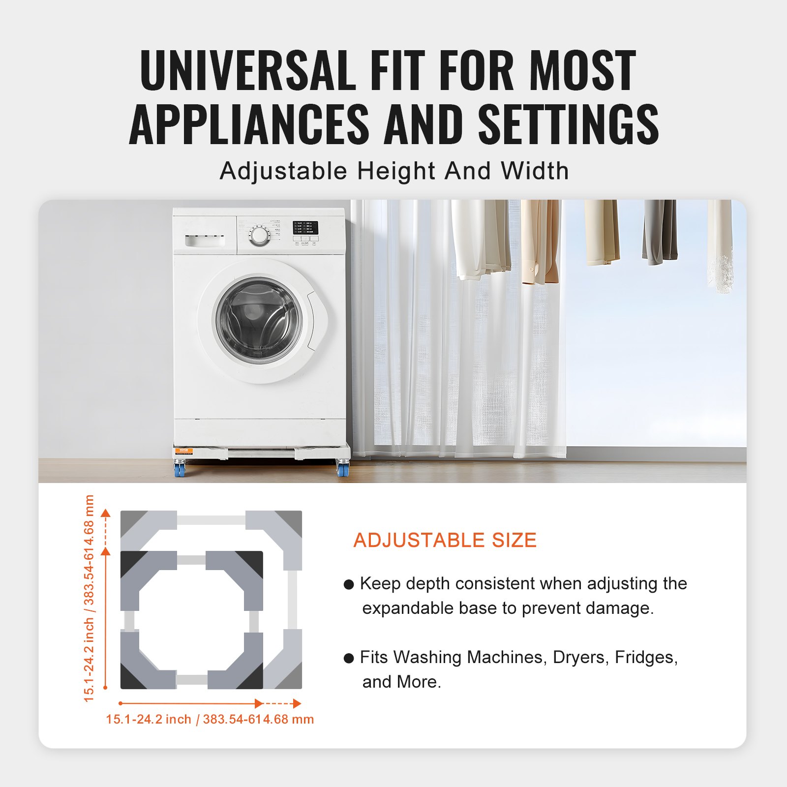 VEVOR mini fridge stand with adjustable height and width fits washing machines, dryers, and fridges.