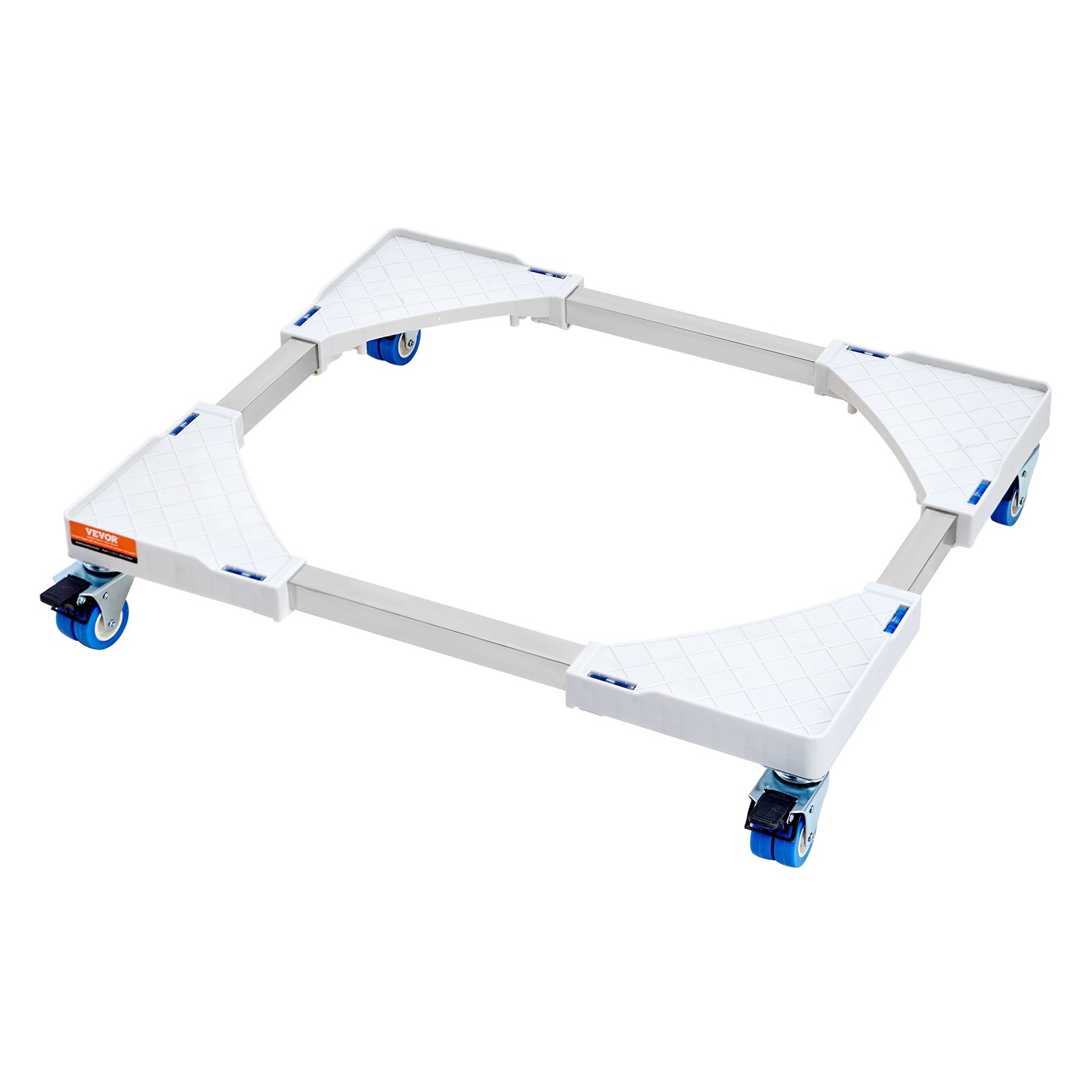 VEVOR mini fridge stand with adjustable white platform and blue caster wheels.