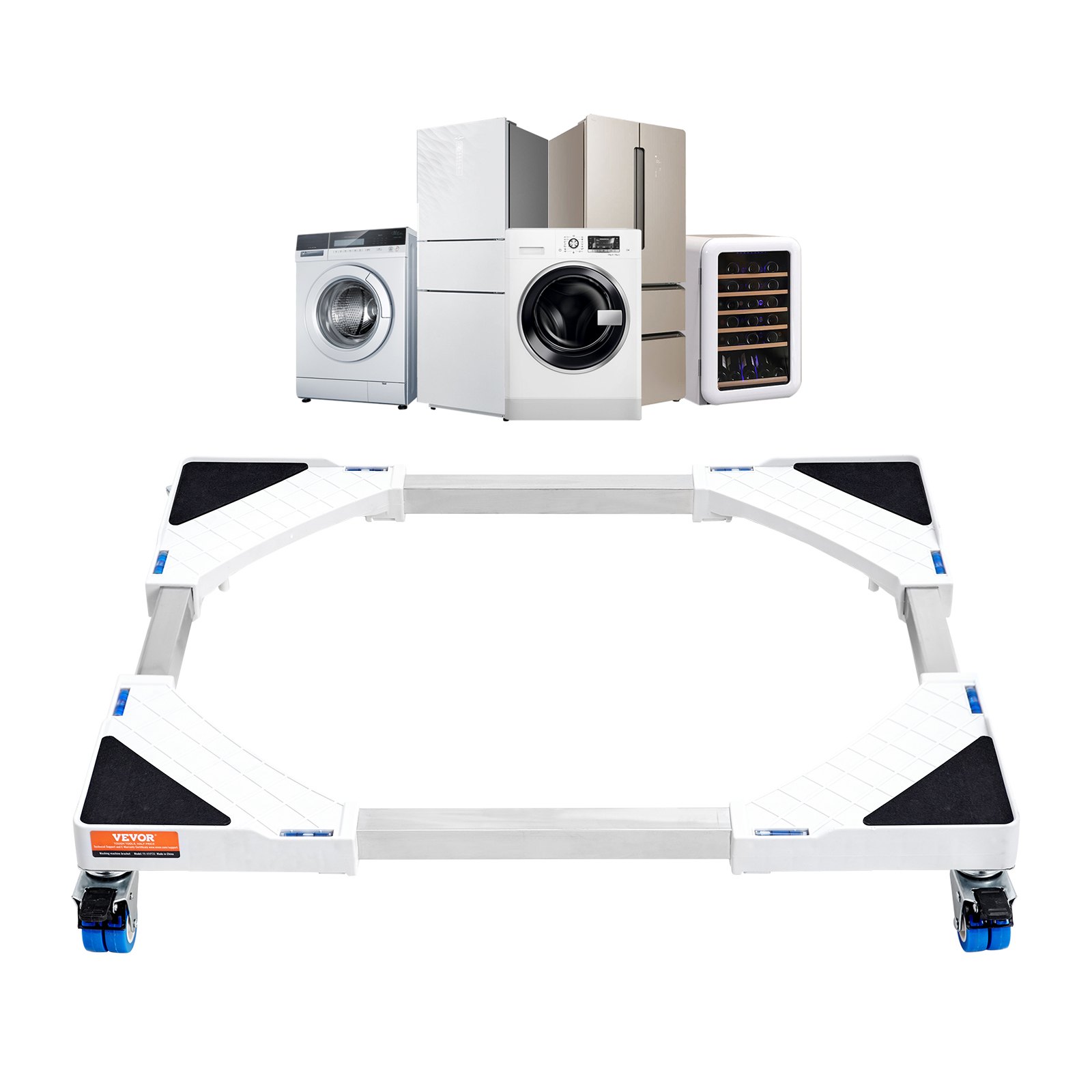 VEVOR mini fridge stand with adjustable base and caster wheels, supporting various household appliances.