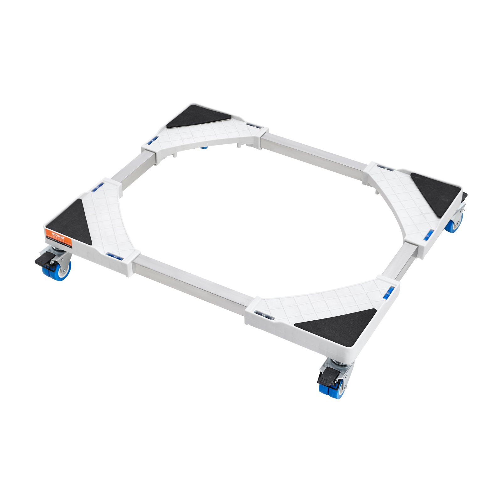 VEVOR mini fridge stand with adjustable frame on blue caster wheels and black corner pads.