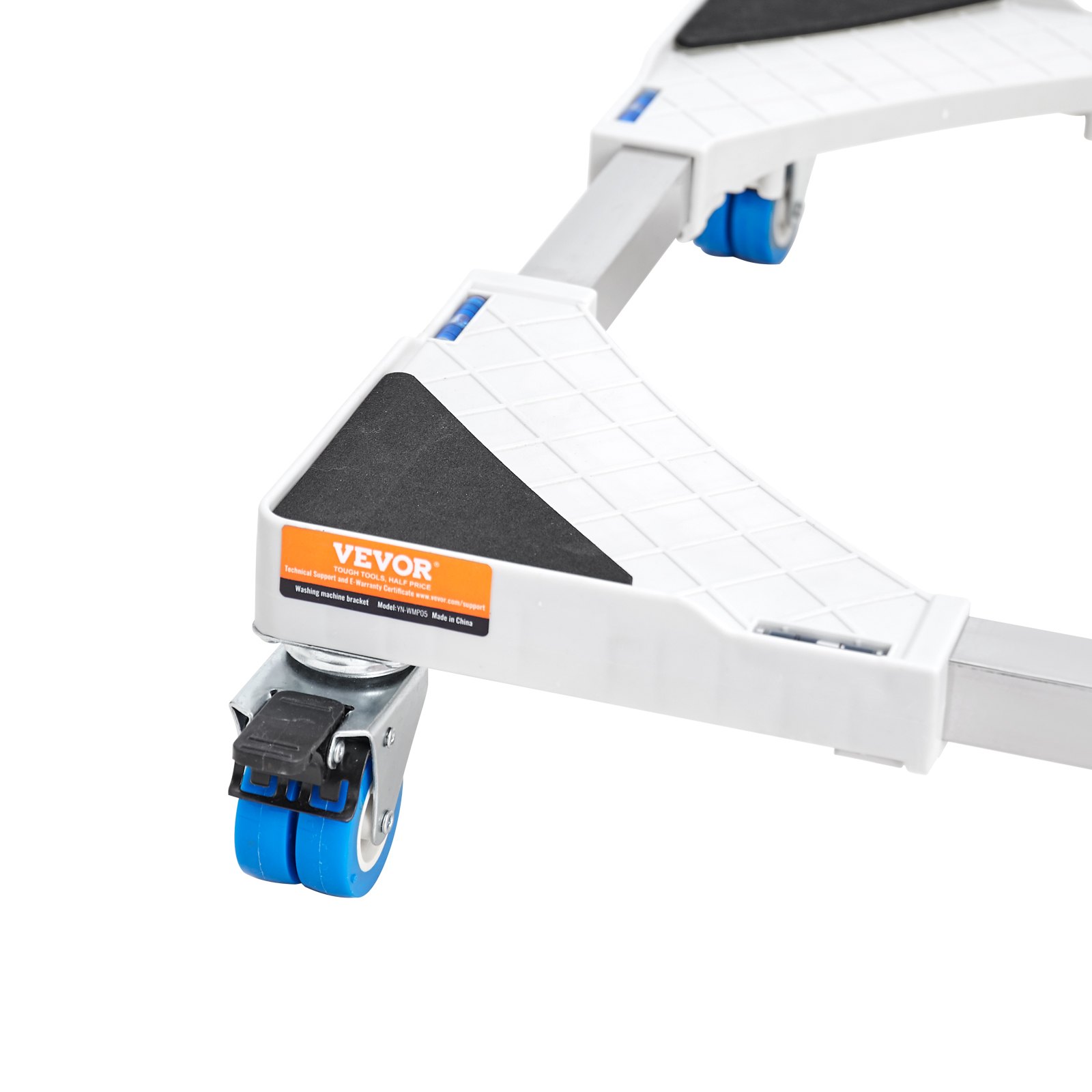 VEVOR mini fridge stand with blue locking caster wheels and an adjustable white frame.