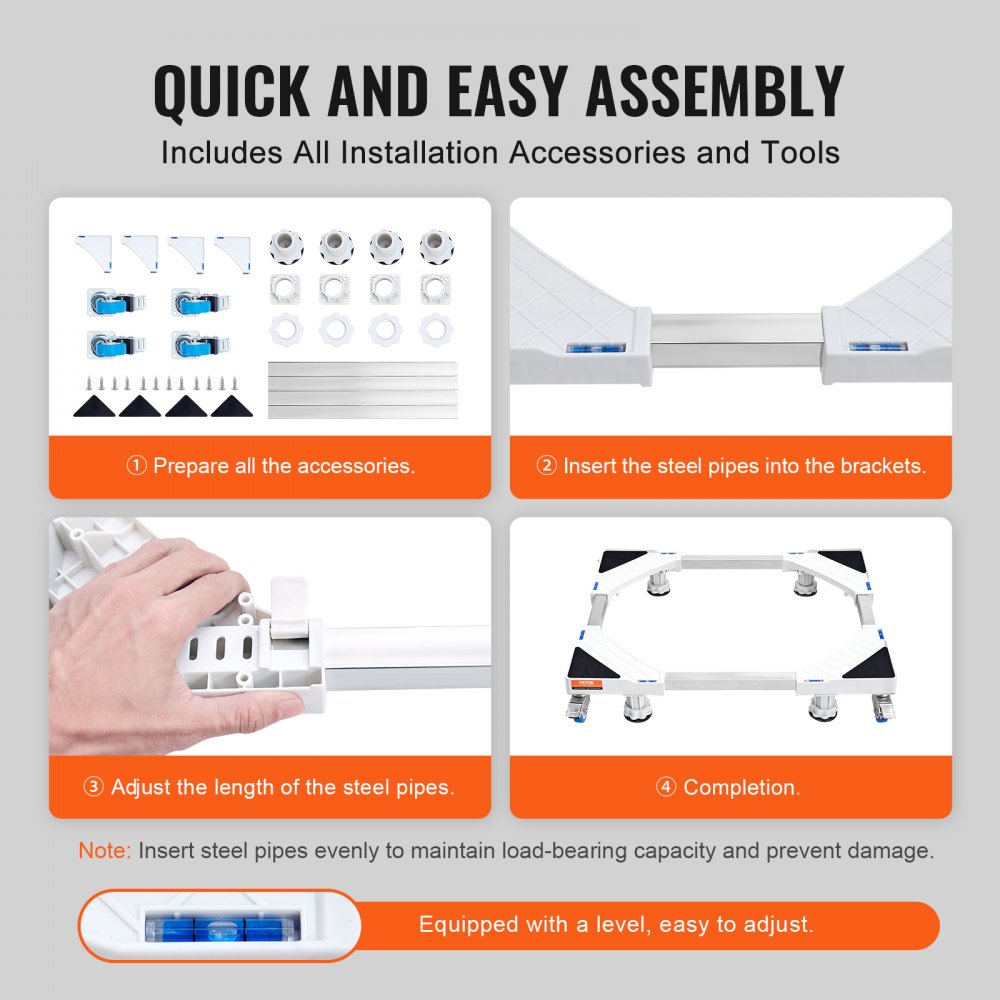 quick and easy assembly steps for the VEVOR mini fridge stand, with accessories and adjustable steel pipes.