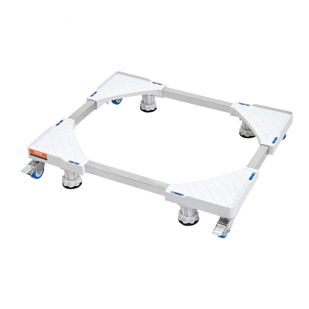 adjustable VEVOR mini fridge stand with caster wheels and stabilizing feet in white and gray.