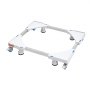 adjustable VEVOR mini fridge stand with caster wheels and stabilizing feet in white and gray.