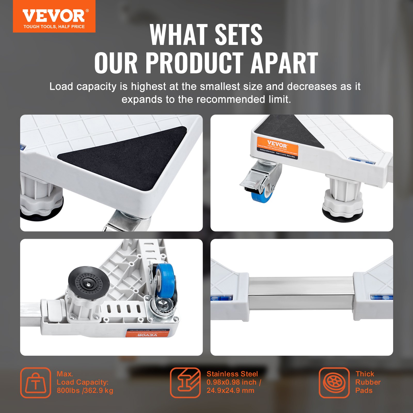 VEVOR mini fridge stand with stainless steel frame, thick rubber pads, and 800 lbs load capacity.