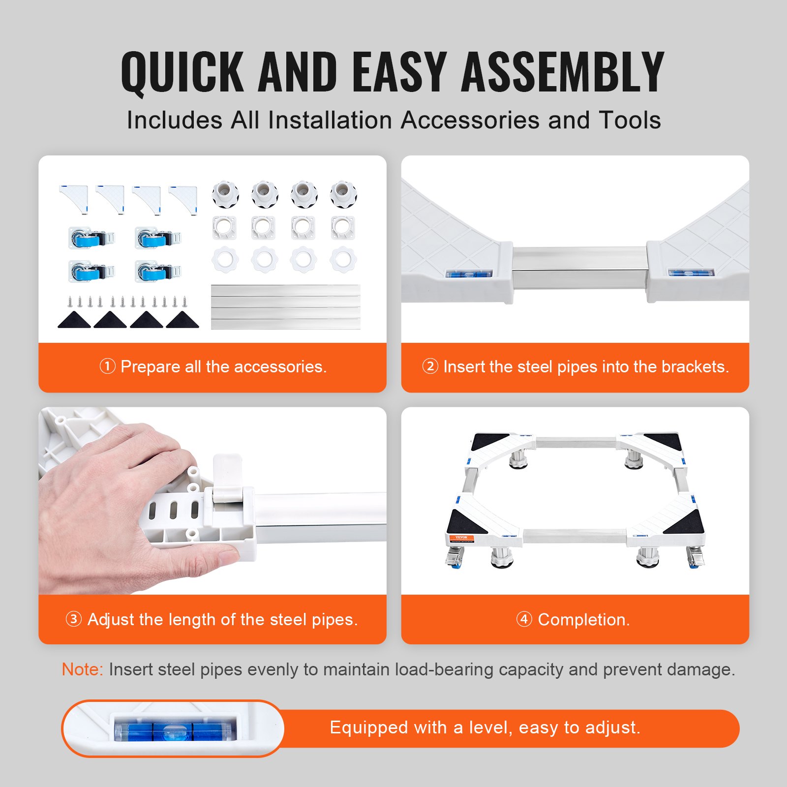 quick and easy assembly steps for the VEVOR mini fridge stand, with accessories and adjustable steel pipes.