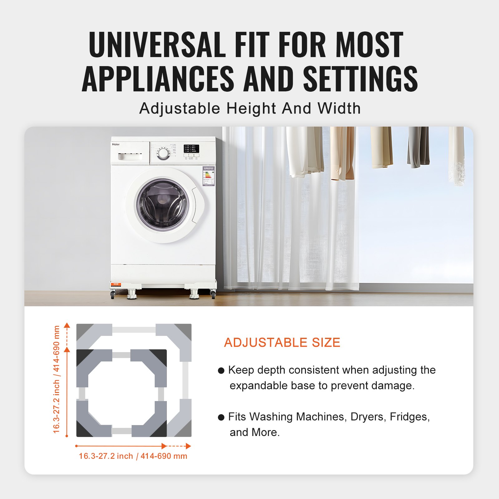 VEVOR mini fridge stand adjustable height and width, fits various appliances like washers and dryers.