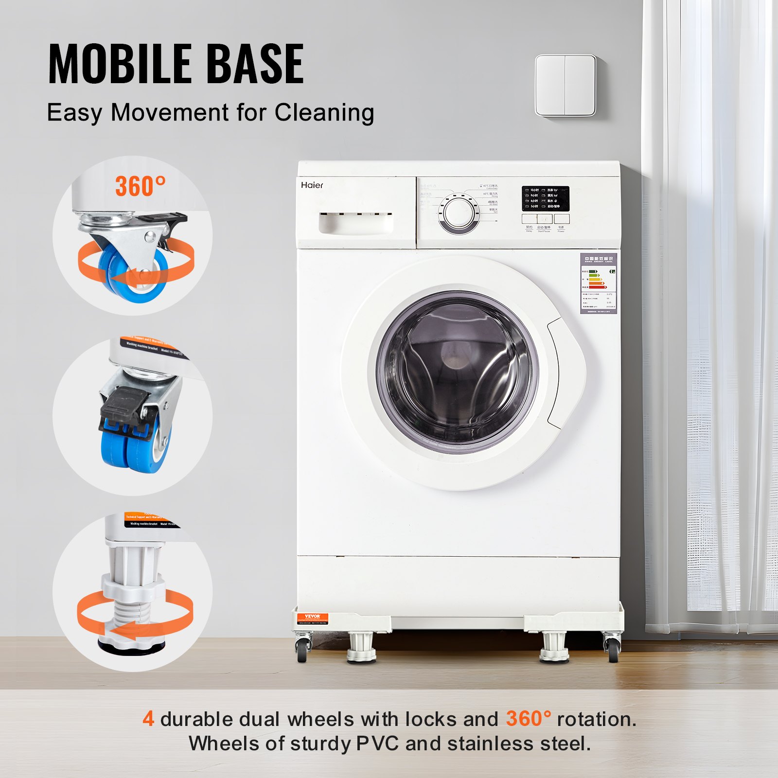 mobile base with 360° rotating wheels for easy cleaning, supporting a washing machine. VEVOR mini fridge stand.
