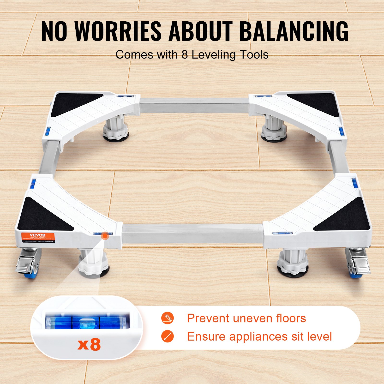 VEVOR mini fridge stand with 8 leveling tools for stability, preventing uneven floors.