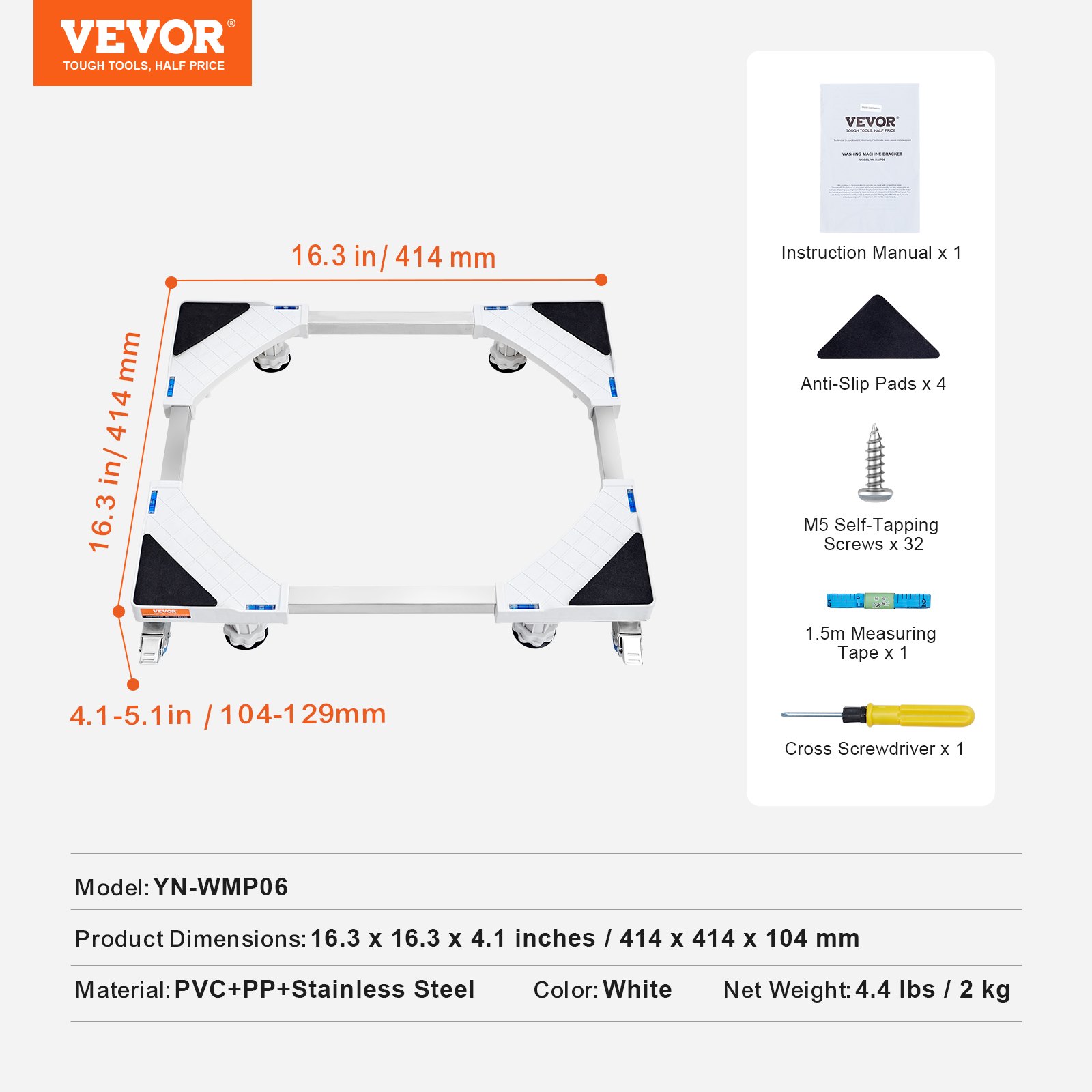 VEVOR mini fridge stand, adjustable size 16.3 x 16.3 inches, with anti-slip pads and included tools.