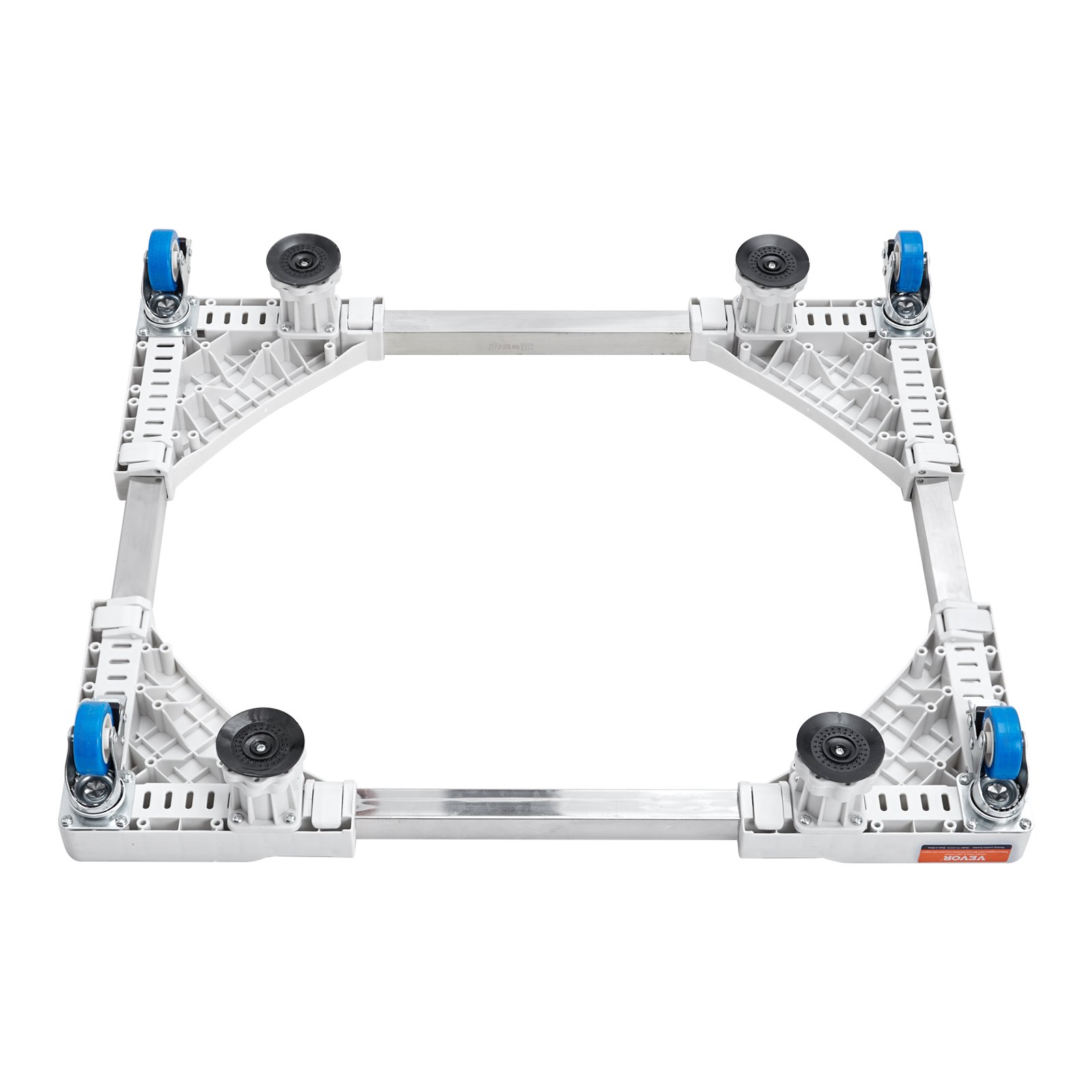 VEVOR mini fridge stand with adjustable aluminum frame and blue caster wheels.