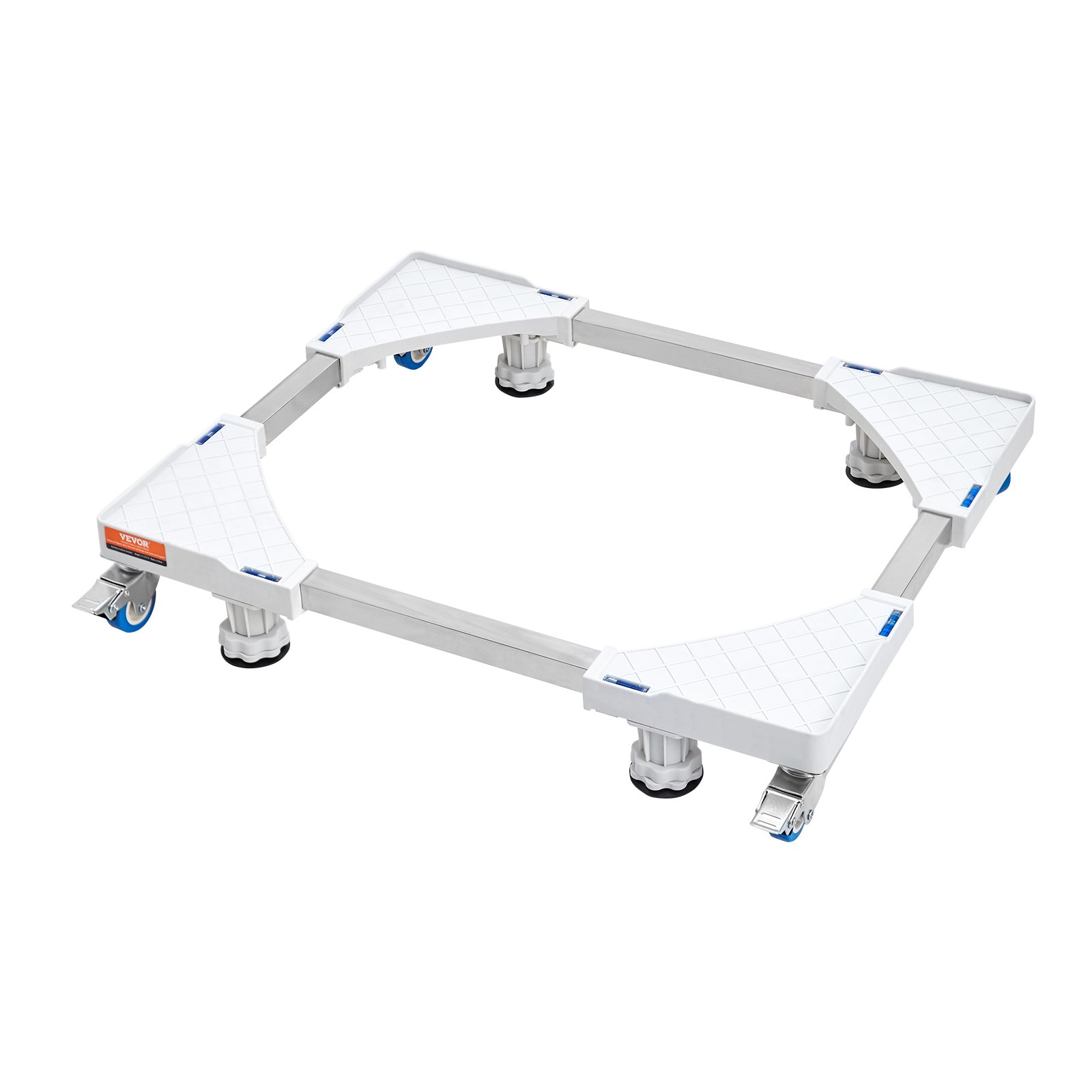 adjustable VEVOR mini fridge stand with caster wheels and stabilizing feet in white and gray.