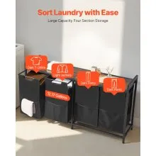 VEVOR 4 Section Laundry Sorter with Pull-Out Bags Metal Frame & Wooden Tabletop
