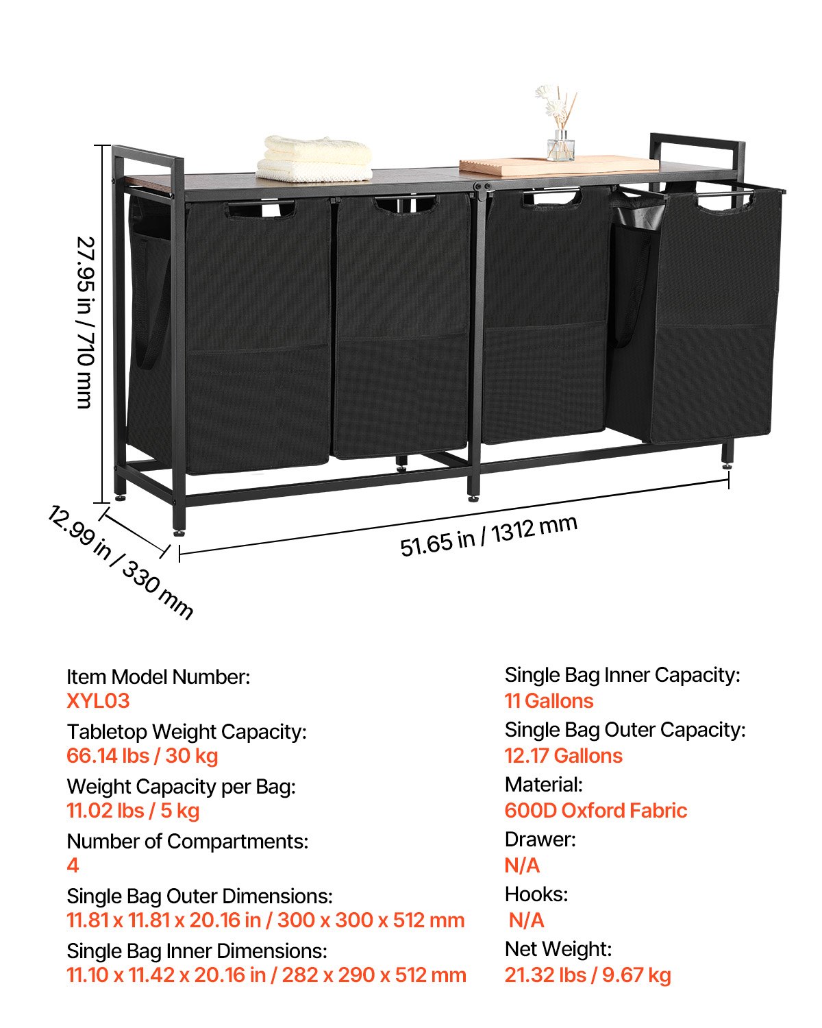 VEVOR 4 Section Laundry Sorter, Large Laundry Hamper with Metal Frame and Wooden Tabletop, Freestanding Storage Organizer Baskets with Pull-Out 600D Oxford Cloth Bags for Dirty Clothes, Bathroom