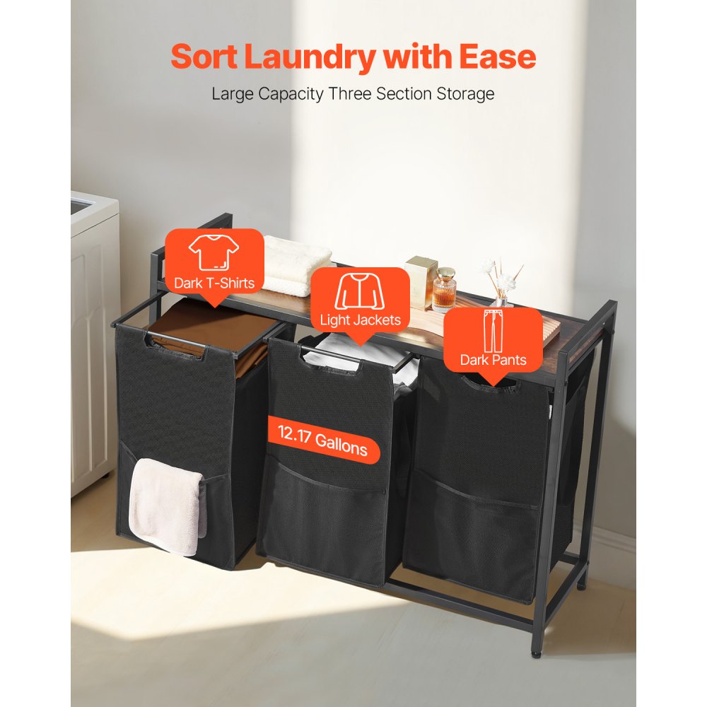 VEVOR 3 Section Laundry Sorter, Large Laundry Hamper with Metal Frame and Wooden Tabletop, Freestanding Storage Organizer Baskets with Pull-Out 600D Oxford Cloth Bags for Dirty Clothes, Bathroom