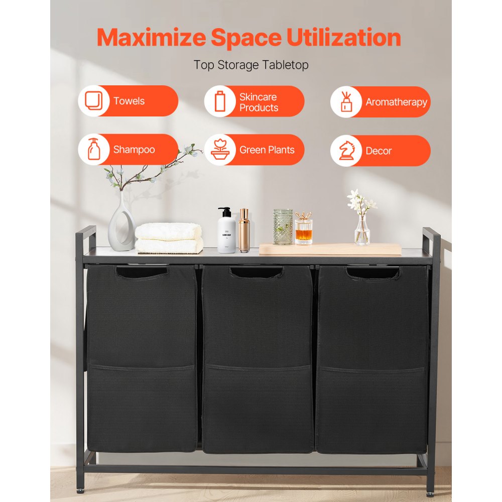 VEVOR 3 Section Laundry Sorter, Large Laundry Hamper with Metal Frame and Wooden Tabletop, Freestanding Storage Organizer Baskets with Pull-Out 600D Oxford Cloth Bags for Dirty Clothes, Bathroom