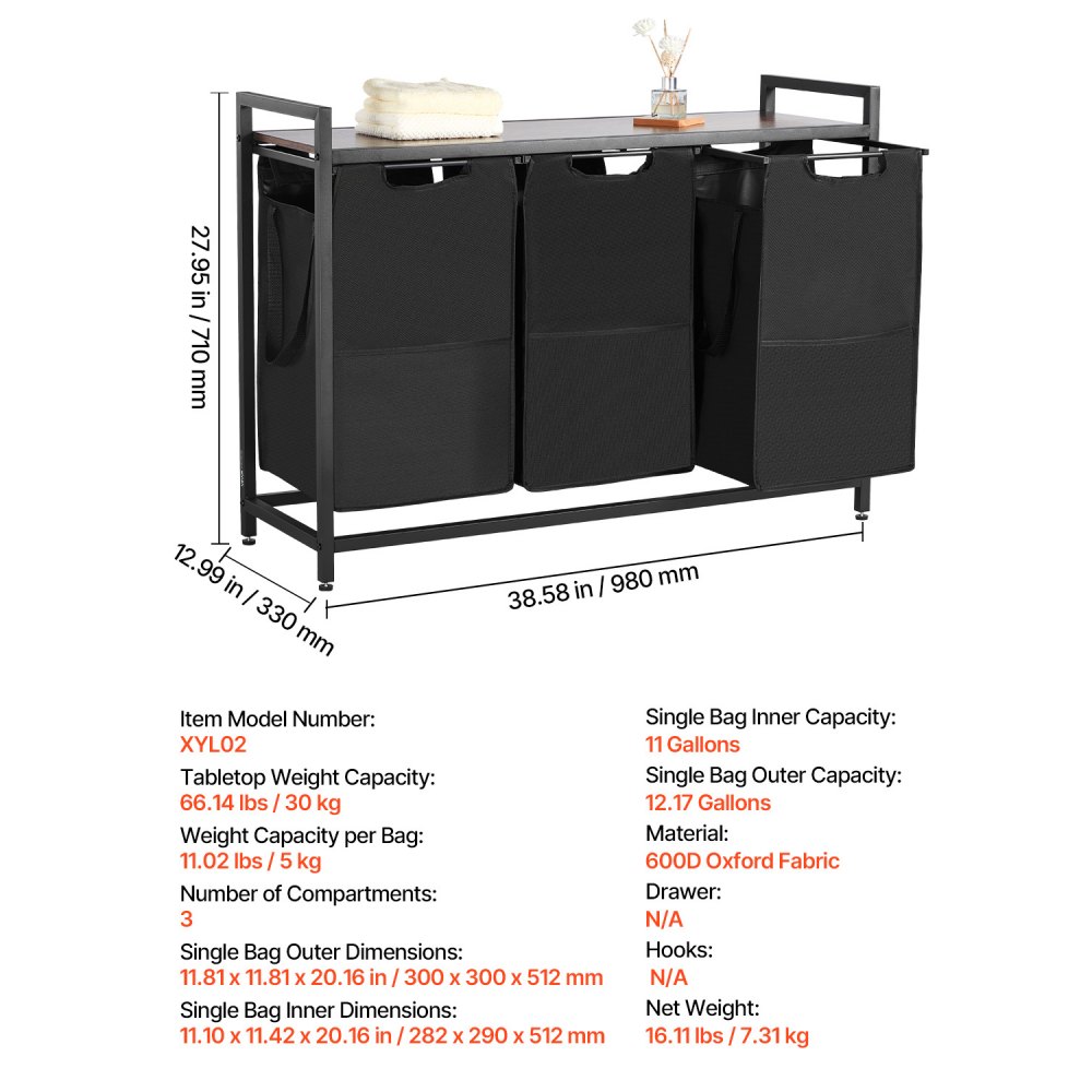 VEVOR 3 Section Laundry Sorter, Large Laundry Hamper with Metal Frame and Wooden Tabletop, Freestanding Storage Organizer Baskets with Pull-Out 600D Oxford Cloth Bags for Dirty Clothes, Bathroom