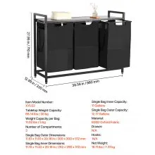 VEVOR 3 Section Laundry Sorter with Pull-Out Bags Metal Frame & Wooden Tabletop