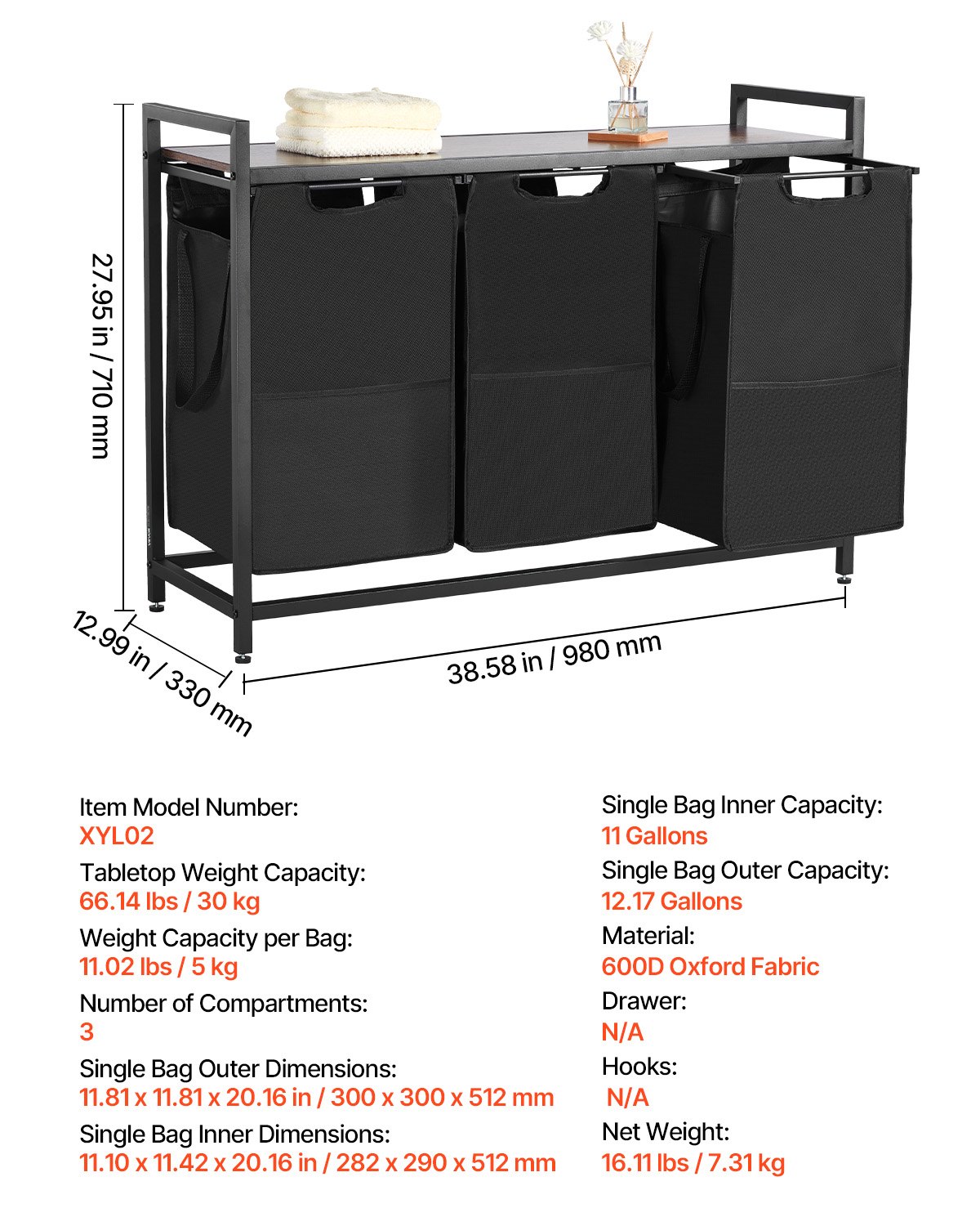 VEVOR 3 Section Laundry Sorter, Large Laundry Hamper with Metal Frame and Wooden Tabletop, Freestanding Storage Organizer Baskets with Pull-Out 600D Oxford Cloth Bags for Dirty Clothes, Bathroom