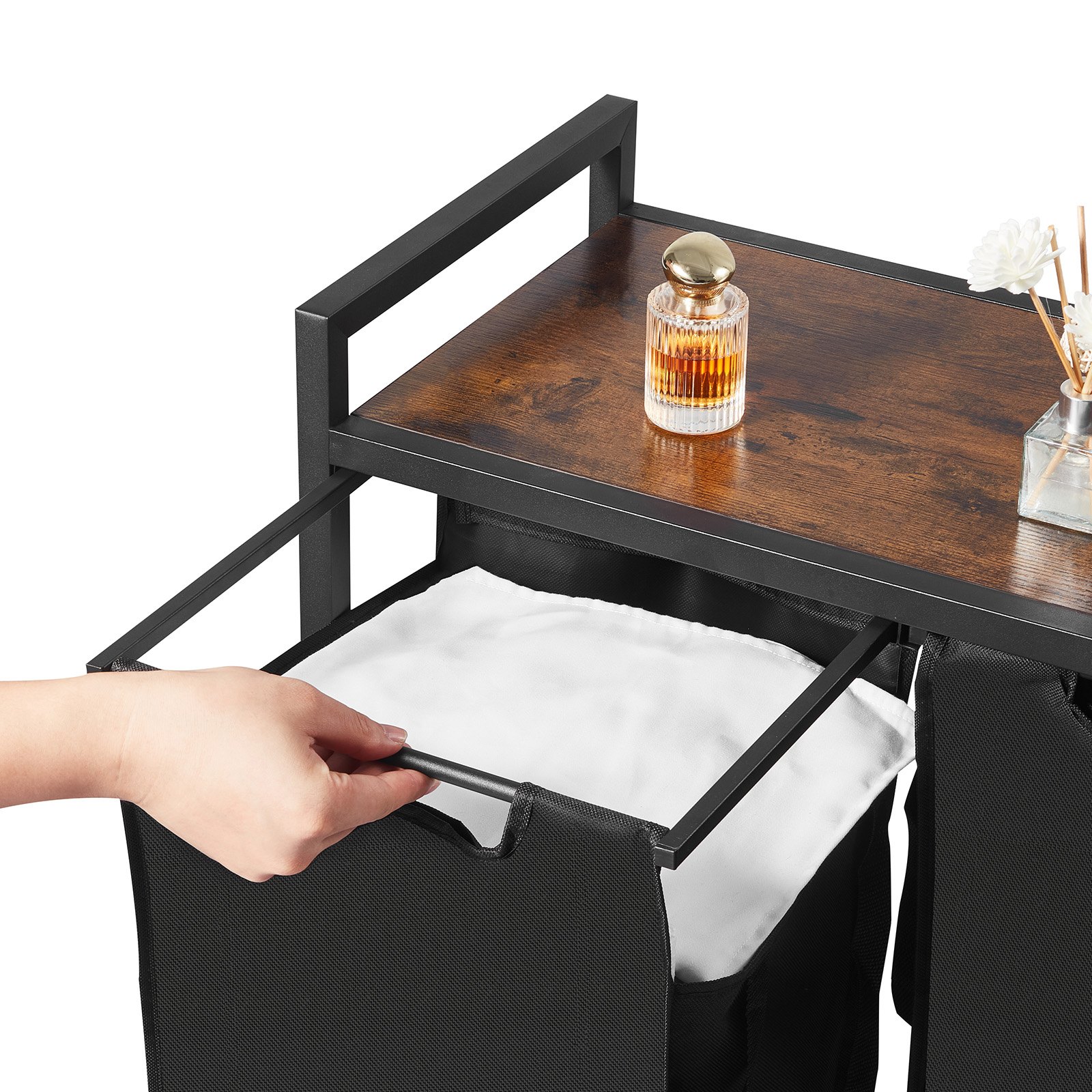 VEVOR 3 Section Laundry Sorter, Large Laundry Hamper with Metal Frame and Wooden Tabletop, Freestanding Storage Organizer Baskets with Pull-Out 600D Oxford Cloth Bags for Dirty Clothes, Bathroom