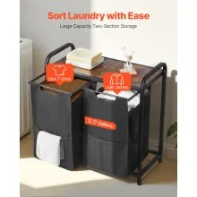VEVOR 2 Section Laundry Sorter with Pull-Out Bags Metal Frame & Wooden Tabletop
