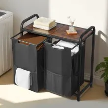 VEVOR 2 Section Laundry Sorter with Pull-Out Bags Metal Frame & Wooden Tabletop