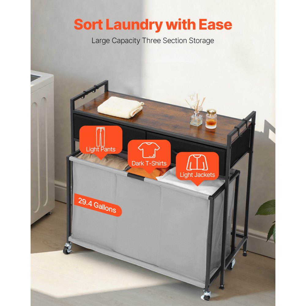 VEVOR 3 Section Laundry Sorter, Rolling Laundry Hamper with 2 Drawers, Hooks & Wheels, Rolling Basket Organizer Storage with Pull-Out Rolling Bags and Wooden Tabletop for Dirty Clothes, Bathroom