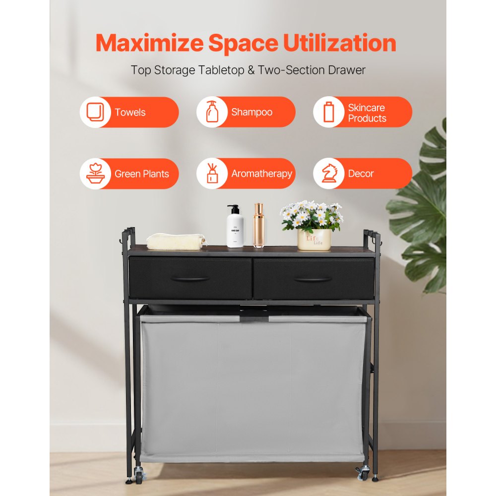VEVOR 3 Section Laundry Sorter, Rolling Laundry Hamper with 2 Drawers, Hooks & Wheels, Rolling Basket Organizer Storage with Pull-Out Rolling Bags and Wooden Tabletop for Dirty Clothes, Bathroom