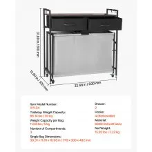 VEVOR 3 Section Laundry Sorter Rolling Laundry Hamper with Drawers Hooks Wheels