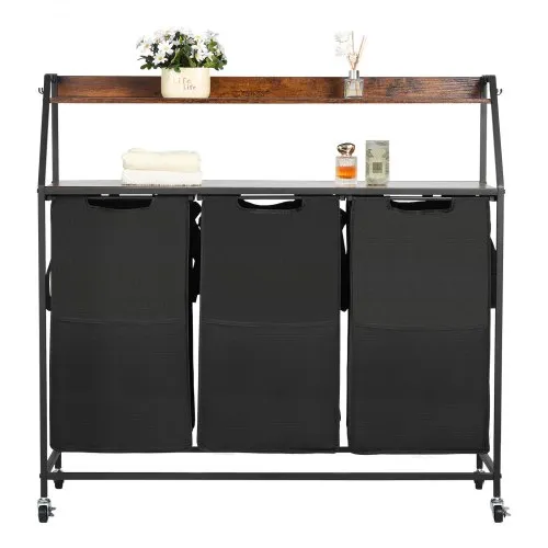 VEVOR 2 Tiers Laundry Sorter, Tall Laundry Hamper with Metal Frame and Wooden Tabletop, 3 Section Rolling Basket Organizer Storage with Ladder Shelves and 600D Oxford Cloth Bags for Dirty Clothes