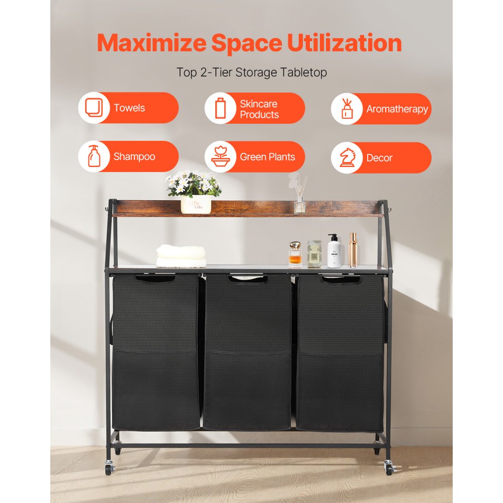 VEVOR 2 Tiers Laundry Sorter, Tall Laundry Hamper with Metal Frame and Wooden Tabletop, 3 Section Rolling Basket Organizer Storage with Ladder Shelves and 600D Oxford Cloth Bags for Dirty Clothes