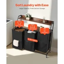 VEVOR 2 Tiers Laundry Sorter Tall Laundry Hamper with Wheels and Hooks 3 Section