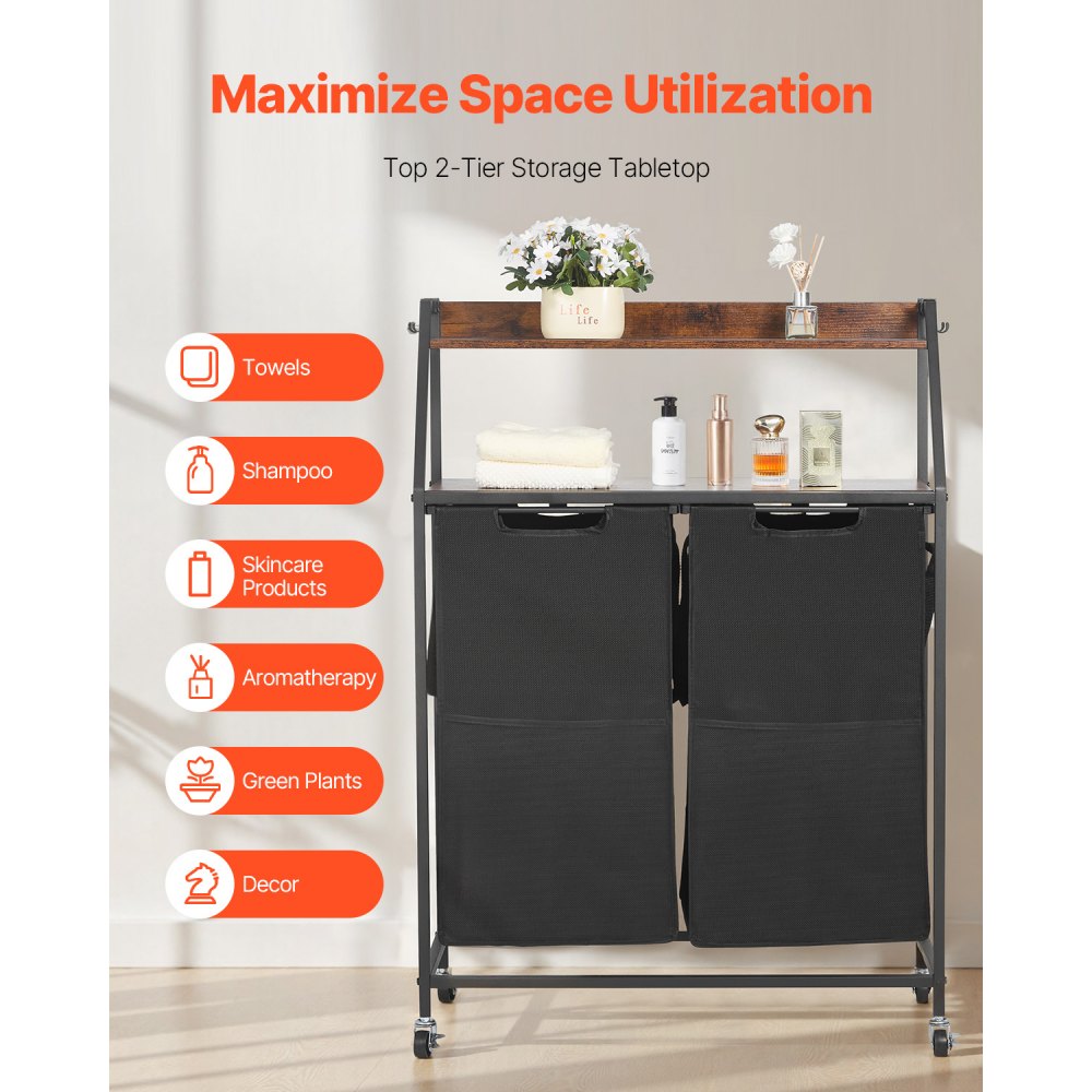 VEVOR 2 Tiers Laundry Sorter, Tall Laundry Hamper with Metal Frame and Wooden Tabletop, 2 Section Rolling Basket Organizer Storage with Ladder Shelves and 600D Oxford Cloth Bags for Dirty Clothes