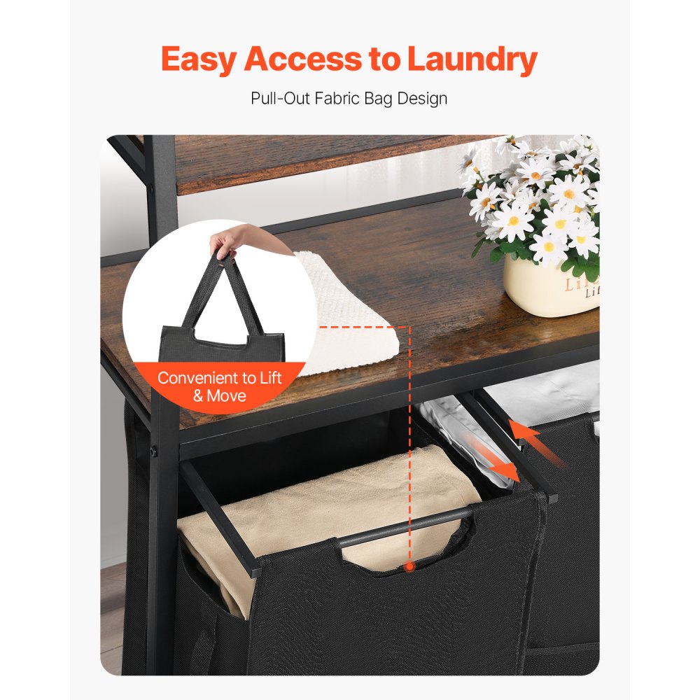 VEVOR 4 Tiers Laundry Sorter, Tall Laundry Hamper with Shelves and Hooks, 2 Section Freestanding Basket Organizer Storage with 600D Oxford Cloth Bags and Ladder Shelves for Dirty Clothes, Bathroom