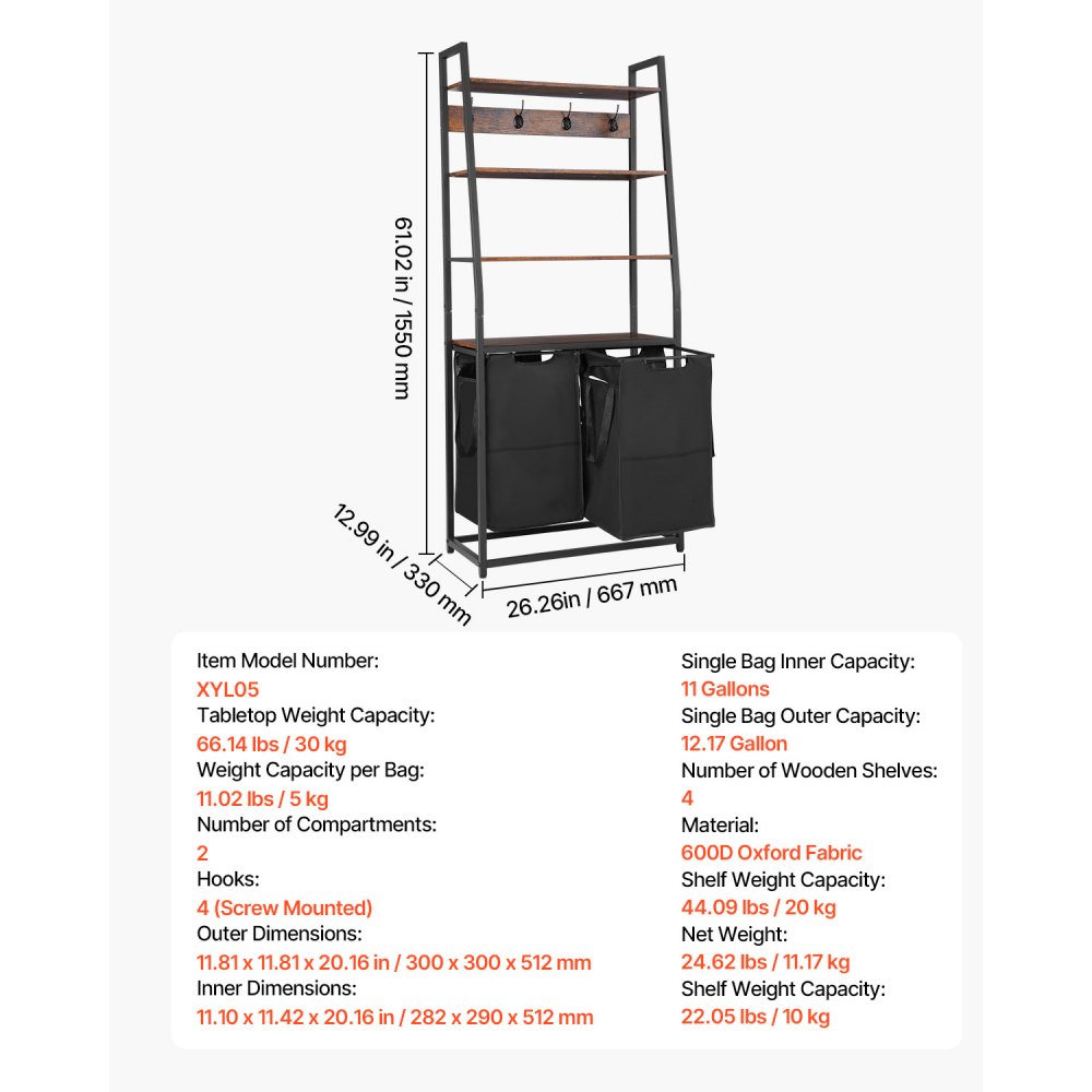 VEVOR 4 Tiers Laundry Sorter, Tall Laundry Hamper with Shelves and Hooks, 2 Section Freestanding Basket Organizer Storage with 600D Oxford Cloth Bags and Ladder Shelves for Dirty Clothes, Bathroom