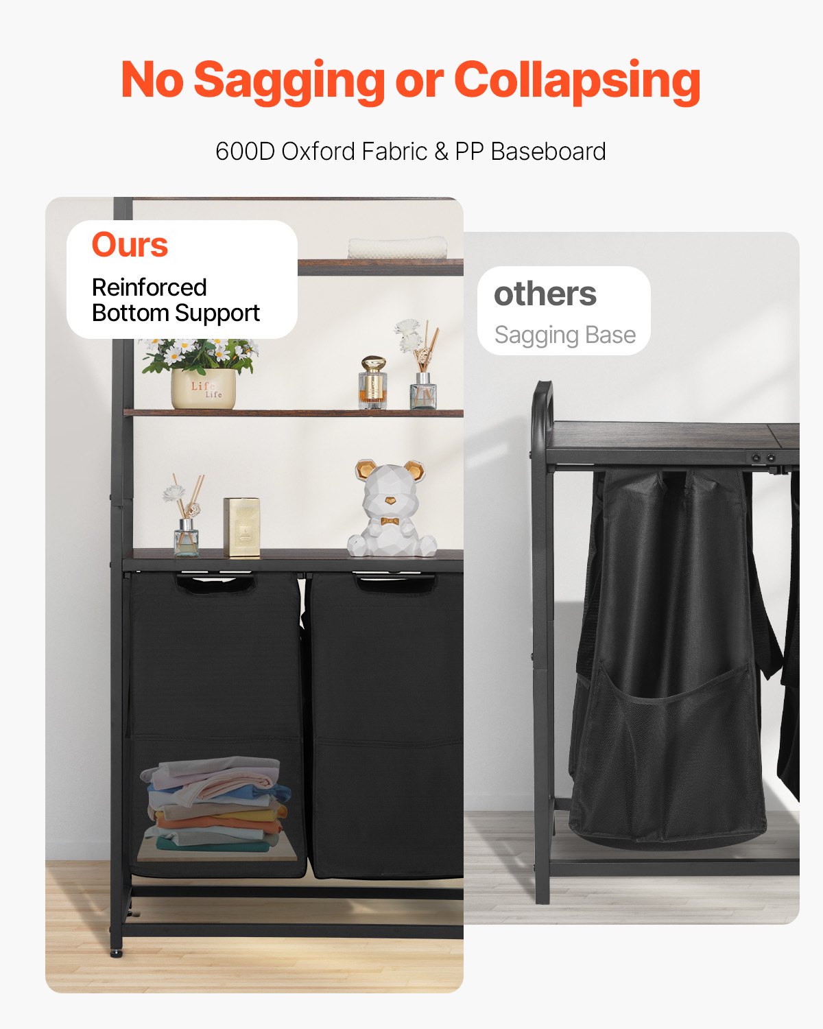 VEVOR 4 Tiers Laundry Sorter, Tall Laundry Hamper with Shelves and Hooks, 2 Section Freestanding Basket Organizer Storage with 600D Oxford Cloth Bags and Ladder Shelves for Dirty Clothes, Bathroom