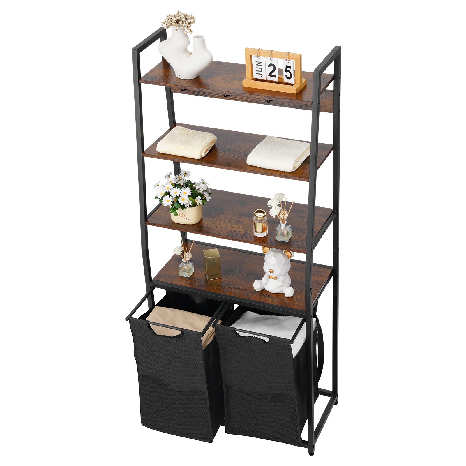 VEVOR 4 Tiers Laundry Sorter, Tall Laundry Hamper with Shelves and Hooks, 2 Section Freestanding Basket Organizer Storage with 600D Oxford Cloth Bags and Ladder Shelves for Dirty Clothes, Bathroom