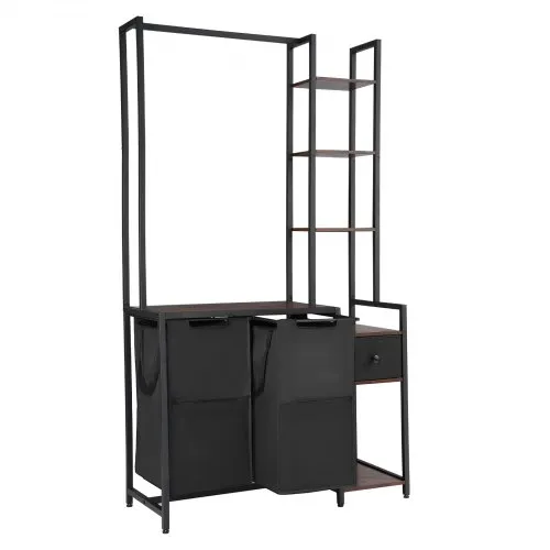 VEVOR 3 Tiers Laundry Sorter with Rack, Tall Laundry Hamper with Shelves and Drawers, 2 Section Freestanding Hanging Rack Storage with 600D Oxford Cloth Bags and Ladder Shelves for Dirty Clothes