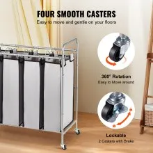 VEVOR Laundry Sorter Cart 4 Section, Laundry Hamper with Heavy Duty Lockable Wheels and 4 Removable Bags, Rolling Laundry Basket Sorter for Clothes Storage