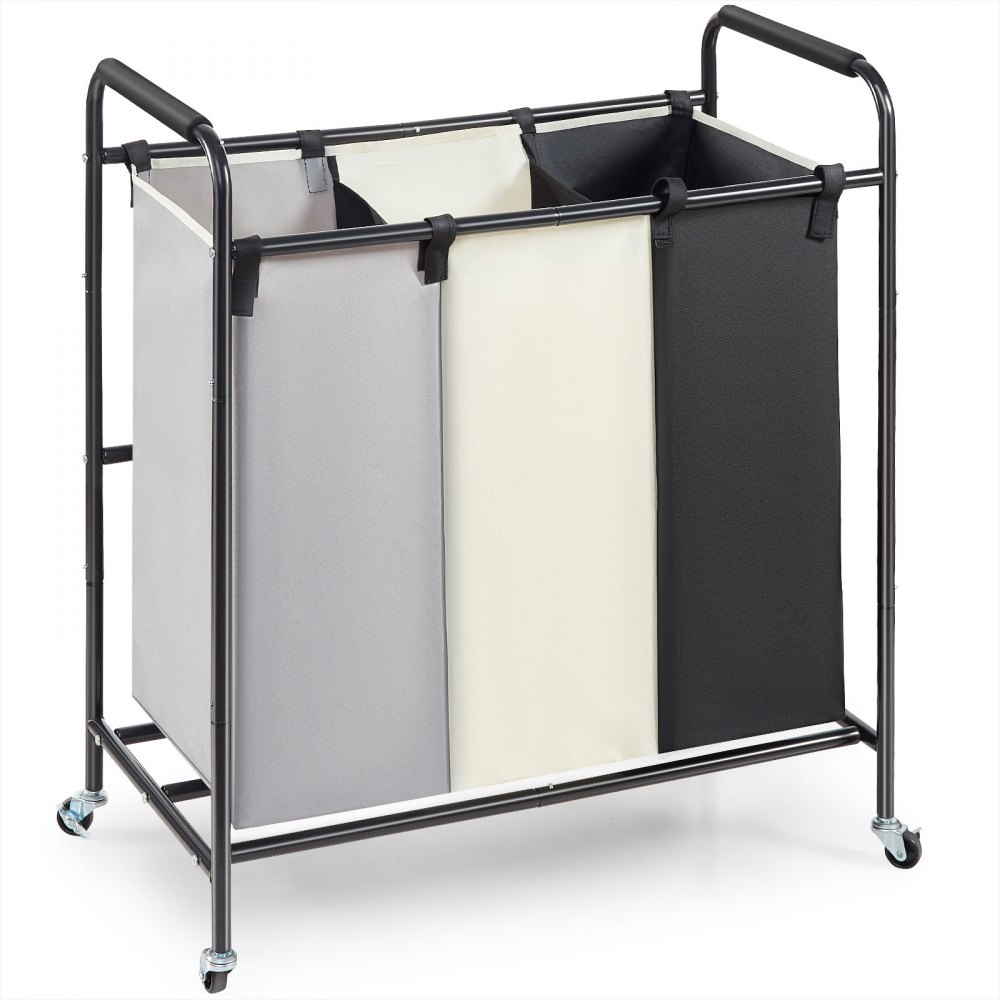Cesto de roupa suja VEVOR de 3 seções, organizador de armazenamento de cesto de roupa suja resistente, carrinho classificador de roupa suja com rodas traváveis ​​resistentes para roupas sujas no quarto da lavanderia