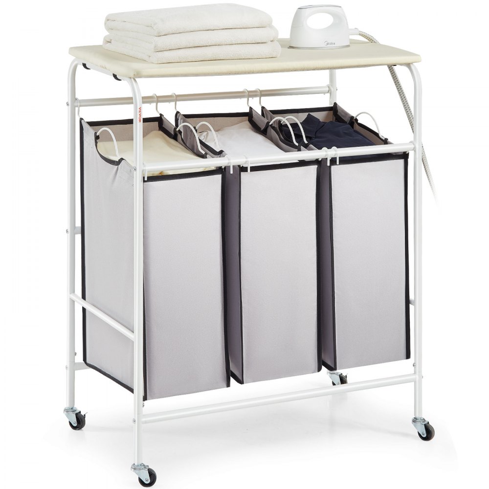 VEVOR 3-delad tvättsorteringsvagn med strykbräda, tvättkorg med kraftiga låsbara hjul och 3 avtagbara väskor, rullande tvättkorgssortering för klädförvaring